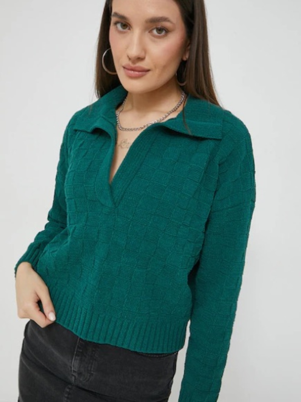 Abercrombie & Fitch Checkerboard Knit Cropped Sweater Green Collared XS